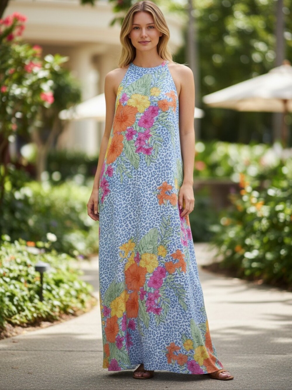 THML Light Blue Floral Halter Maxi Dress